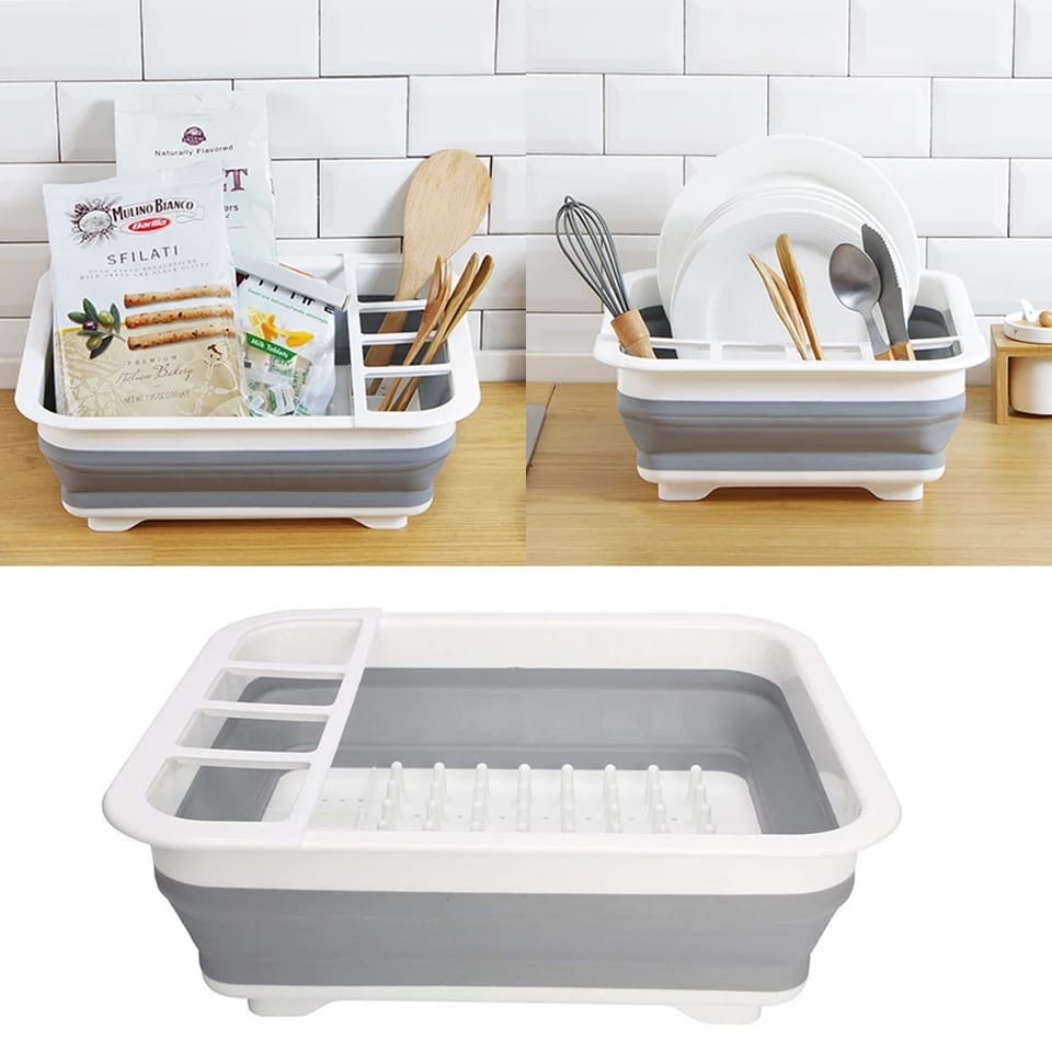 Collapsible Silicone Dish Drying Rack with Utensil Storage – Space-Saving, Foldable Dish Drainer for Kitchen & Outdoor Use