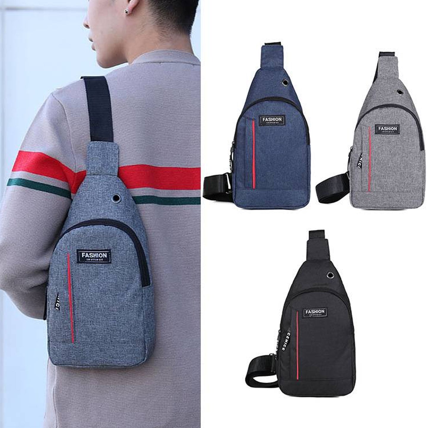 Grey Waterproof Anti-Theft Crossbody Sling Bag with USB Charging & Earphone Hook - Casual Fashion for Men